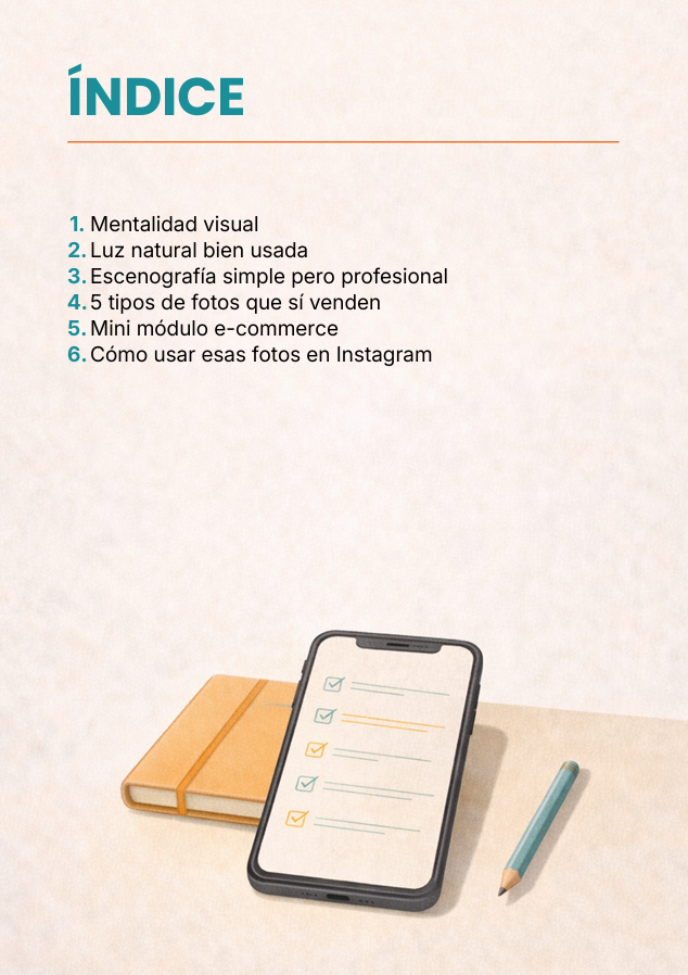 Índice del ebook Fotos con Celular que Venden — 6 capítulos de fotografía de producto para emprendedores